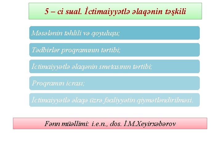 5 – ci sual. İctimaiyyətlə əlaqənin təşkili Məsələnin təhlili və qoyuluşu; Tədbirlər proqramının tərtibi;