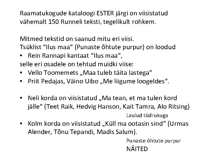 Raamatukogude kataloogi ESTER järgi on viisistatud vähemalt 150 Runneli teksti, tegelikult rohkem. Mitmed tekstid Raamatukogude kataloogi ESTER järgi on viisistatud vähemalt 150 Runneli teksti, tegelikult rohkem. Mitmed tekstid