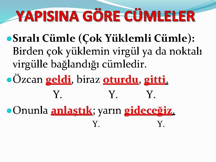 YAPISINA GÖRE CÜMLELER ●Sıralı Cümle (Çok Yüklemli Cümle): Birden çok yüklemin virgül ya da