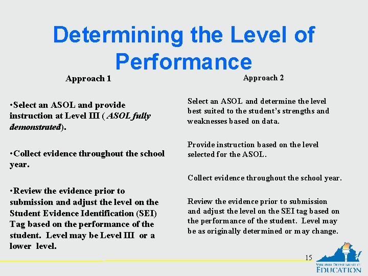 Determining the Level of Performance Approach 1 • Select an ASOL and provide instruction