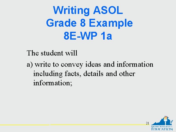 Writing ASOL Grade 8 Example 8 E-WP 1 a The student will a) write