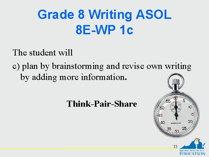 Grade 8 Writing ASOL 8 E-WP 1 c The student will c) plan by