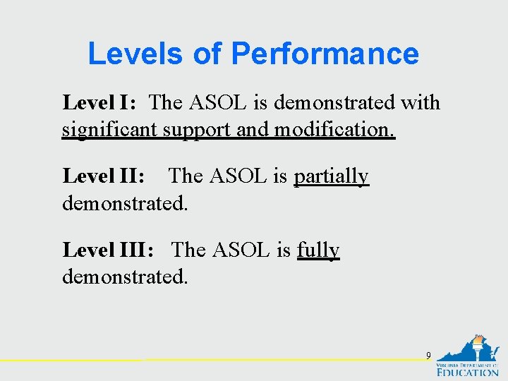 Levels of Performance Level I: The ASOL is demonstrated with significant support and modification.