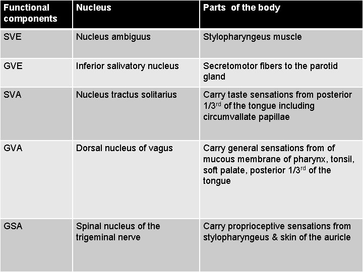Functional components Nucleus Parts of the body SVE Nucleus ambiguus Stylopharyngeus muscle GVE Inferior