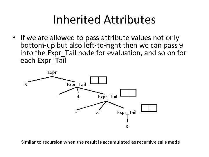 Inherited Attributes • If we are allowed to pass attribute values not only bottom-up