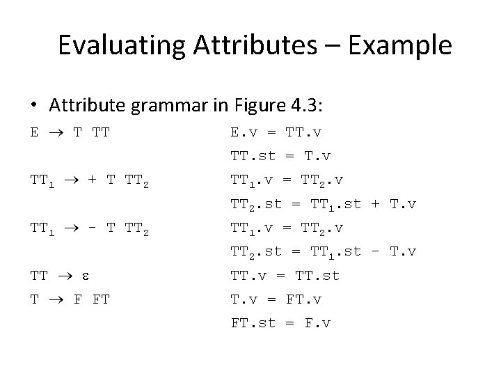 Evaluating Attributes – Example • Attribute grammar in Figure 4. 3: E T TT