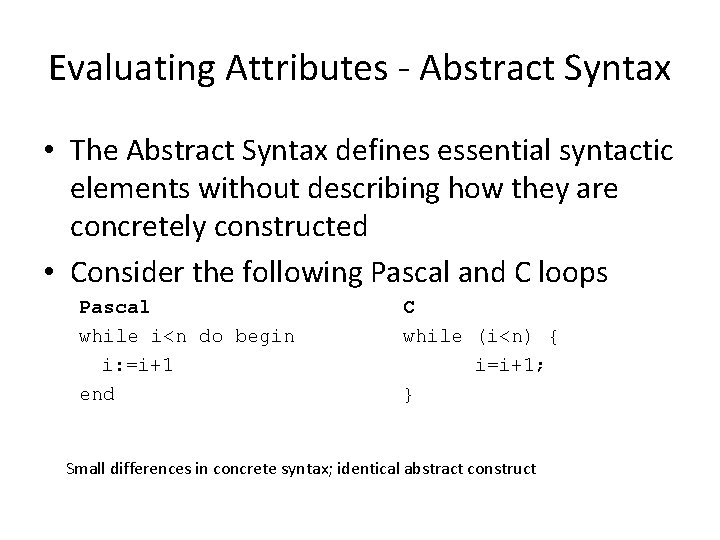 Evaluating Attributes - Abstract Syntax • The Abstract Syntax defines essential syntactic elements without