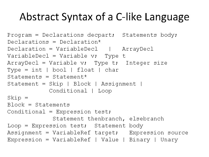 Abstract Syntax of a C-like Language Program = Declarations decpart; Statements body; Declarations =