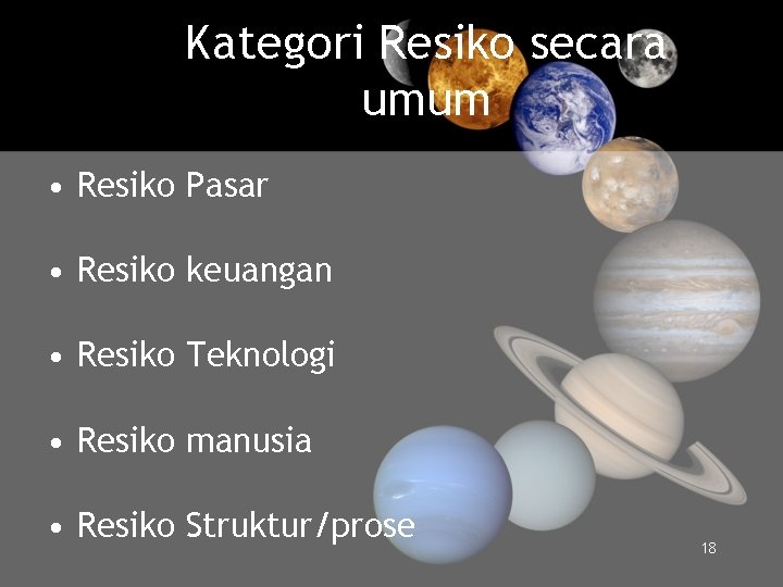 Kategori Resiko secara umum • Resiko Pasar • Resiko keuangan • Resiko Teknologi •