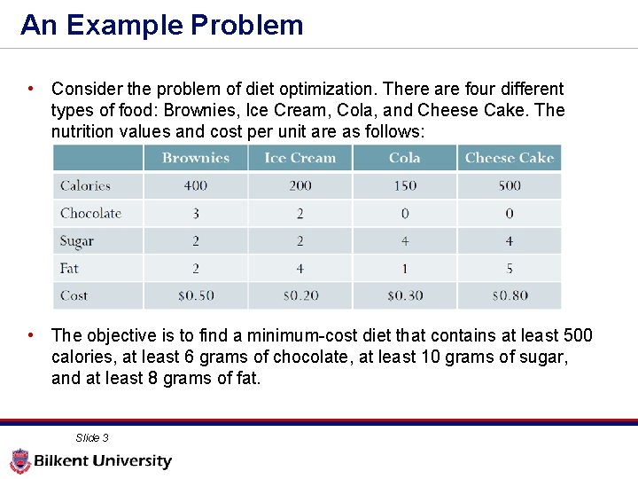 An Example Problem • Consider the problem of diet optimization. There are four different