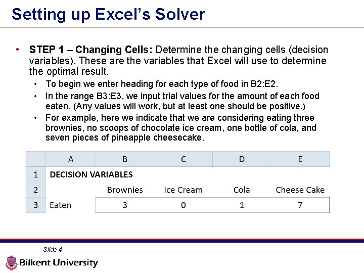 Setting up Excel’s Solver • STEP 1 – Changing Cells: Determine the changing cells