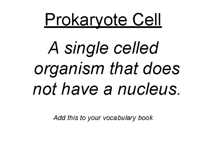 Prokaryote Cell A single celled organism that does not have a nucleus. Add this