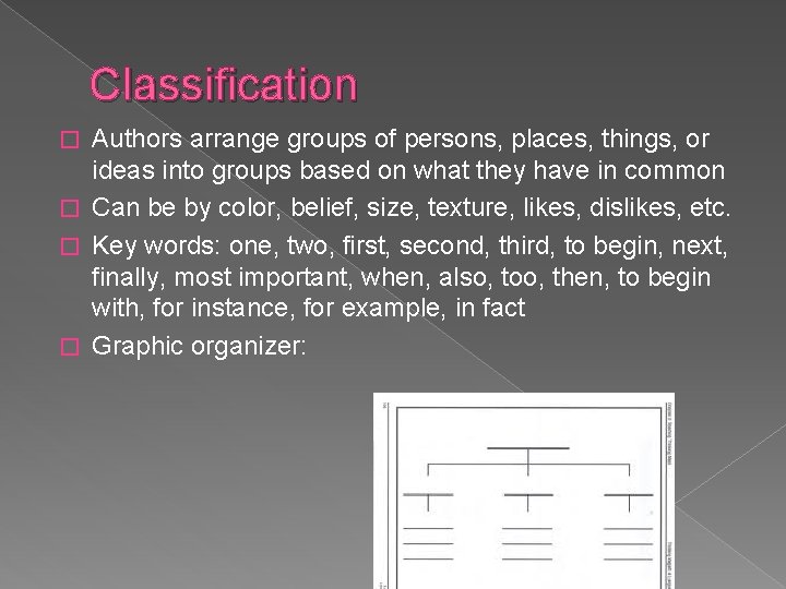 Classification Authors arrange groups of persons, places, things, or ideas into groups based on