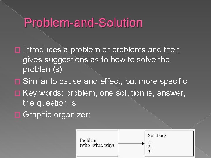 Problem-and-Solution Introduces a problem or problems and then gives suggestions as to how to