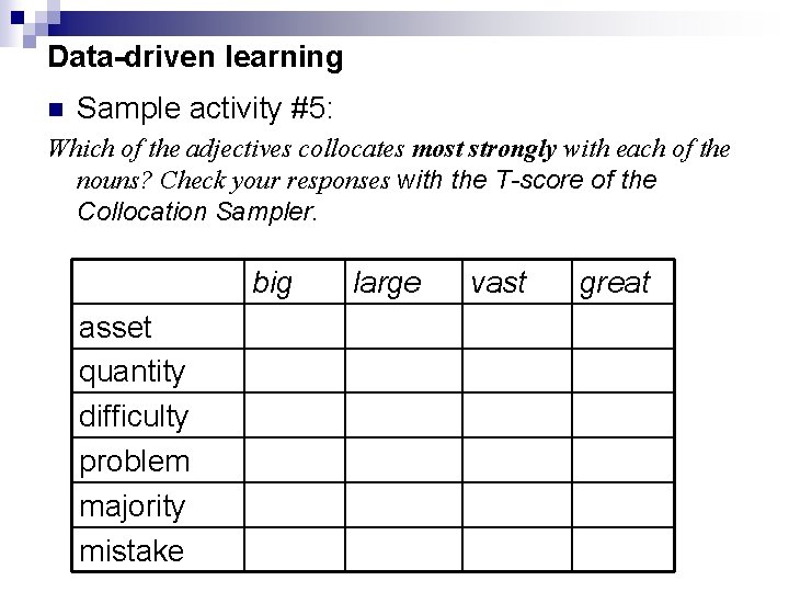 Data-driven learning n Sample activity #5: Which of the adjectives collocates most strongly with