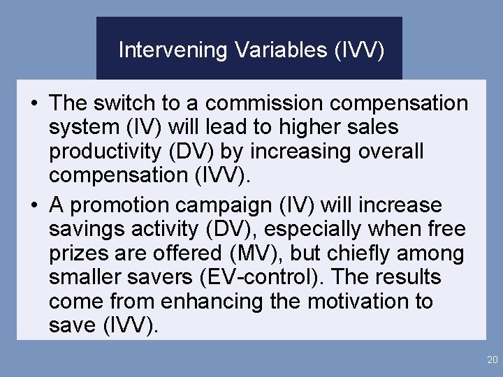 Intervening Variables (IVV) • The switch to a commission compensation system (IV) will lead