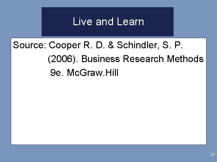 Live and Learn Source: Cooper R. D. & Schindler, S. P. (2006). Business Research