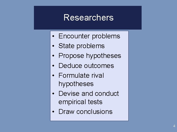 Researchers • • • Encounter problems State problems Propose hypotheses Deduce outcomes Formulate rival