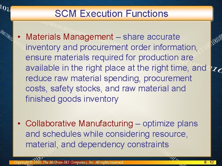 SCM Execution Functions • Materials Management – share accurate inventory and procurement order information,