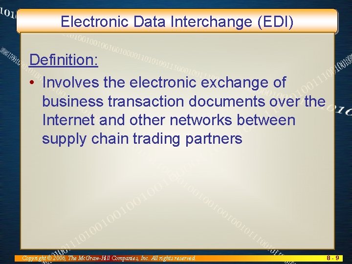 Electronic Data Interchange (EDI) Definition: • Involves the electronic exchange of business transaction documents