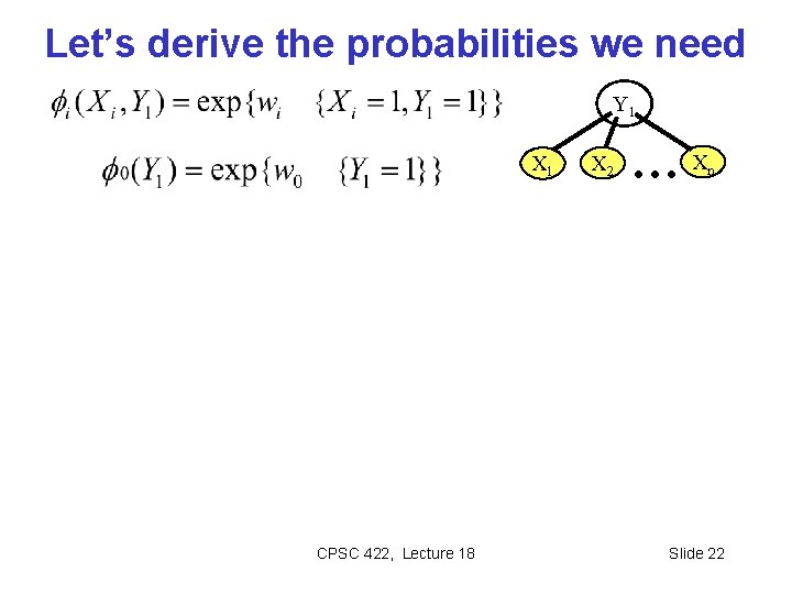 Let’s derive the probabilities we need Y 1 X 1 CPSC 422, Lecture 18