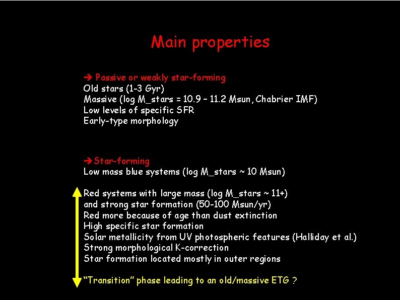 Main properties Passive or weakly star-forming Old stars (1 -3 Gyr) Massive (log M_stars