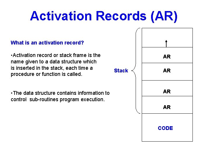 Activation Records (AR) What is an activation record? • Activation record or stack frame