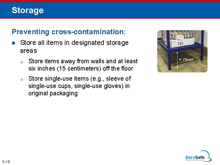 Storage Preventing cross-contamination: l 5 -19 Store all items in designated storage areas o