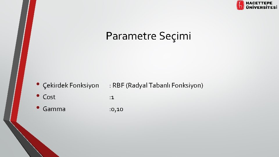 Parametre Seçimi • Çekirdek Fonksiyon • Cost • Gamma : RBF (Radyal Tabanlı Fonksiyon)