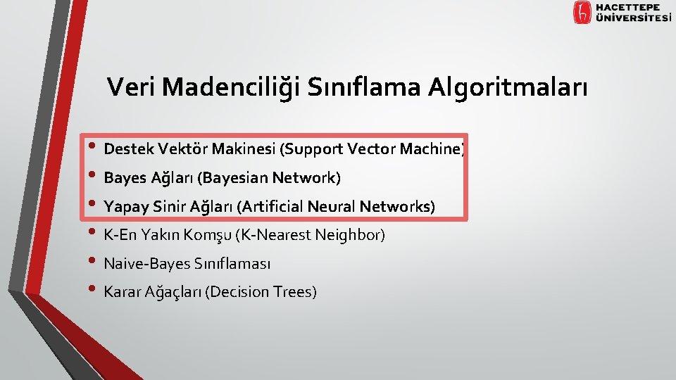 Veri Madenciliği Sınıflama Algoritmaları • Destek Vektör Makinesi (Support Vector Machine) • Bayes Ağları