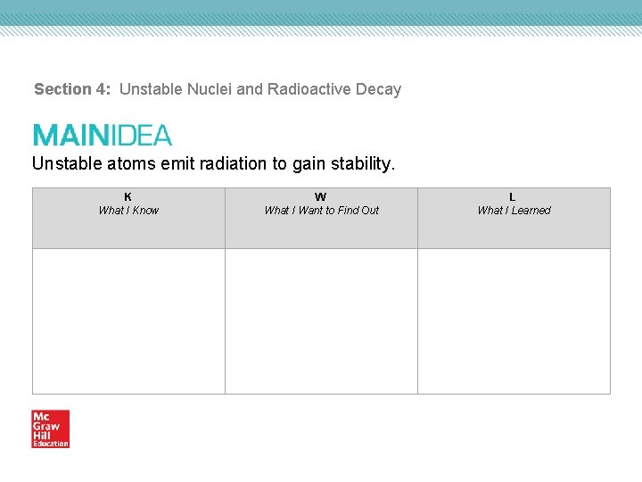 Section 4: Unstable Nuclei and Radioactive Decay Unstable atoms emit radiation to gain stability.