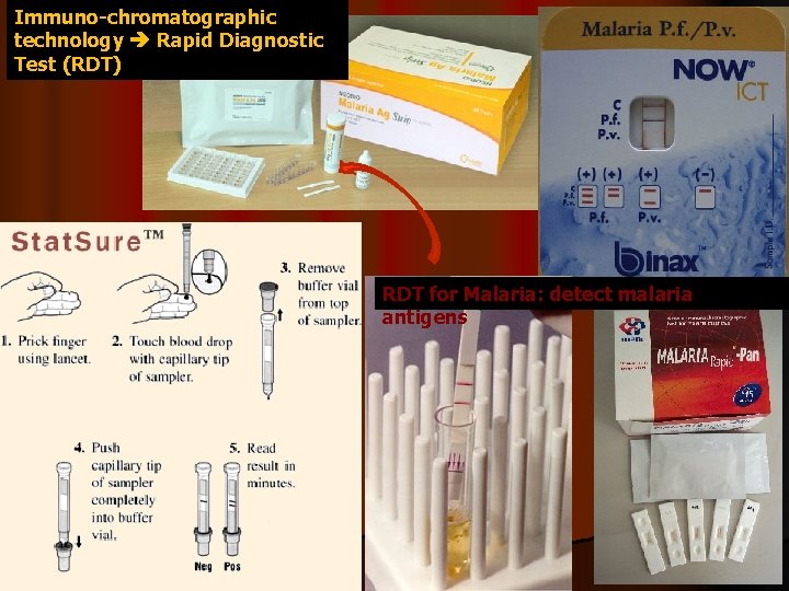 Immuno-chromatographic technology Rapid Diagnostic Test (RDT) RDT for Malaria: detect malaria antigens 