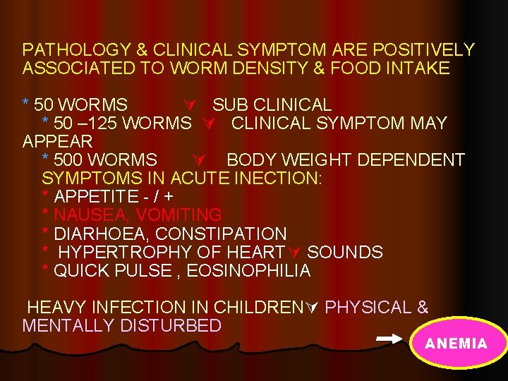 PATHOLOGY & CLINICAL SYMPTOM ARE POSITIVELY ASSOCIATED TO WORM DENSITY & FOOD INTAKE *