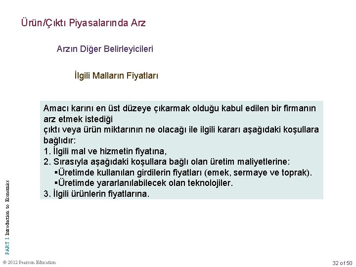 Ürün/Çıktı Piyasalarında Arzın Diğer Belirleyicileri PART I Introduction to Economics İlgili Malların Fiyatları Amacı