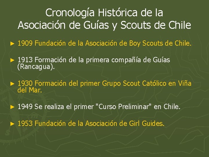 Cronología Histórica de la Asociación de Guías y Scouts de Chile ► 1909 Fundación Cronología Histórica de la Asociación de Guías y Scouts de Chile ► 1909 Fundación