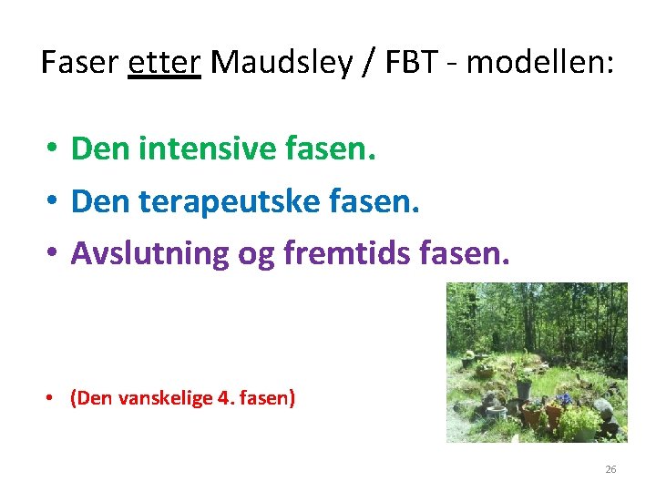 Faser etter Maudsley / FBT - modellen: • Den intensive fasen. • Den terapeutske