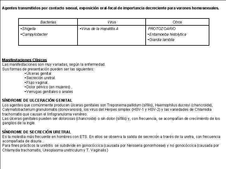 Agentes transmitidos por contacto sexual, exposición oral-fecal de importancia decreciente para varones homosexuales. Bacterias