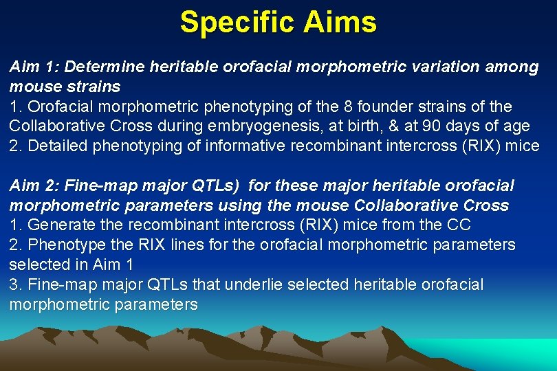 Specific Aims Aim 1: Determine heritable orofacial morphometric variation among mouse strains 1. Orofacial