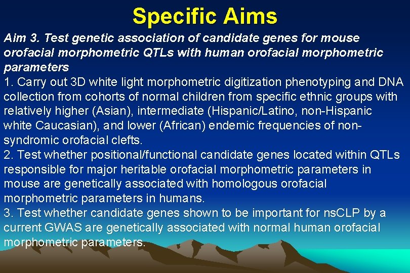 Specific Aims Aim 3. Test genetic association of candidate genes for mouse orofacial morphometric