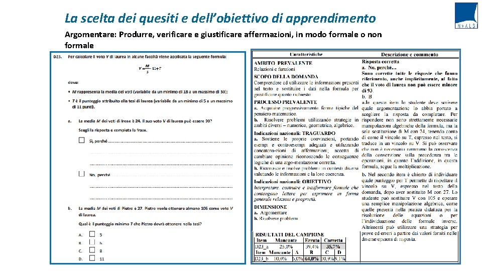 La scelta dei quesiti e dell’obiettivo di apprendimento Argomentare: Produrre, verificare e giustificare affermazioni,