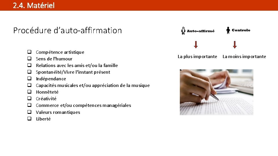 2. 4. Matériel Procédure d’auto-affirmation q q q Compétence artistique Sens de l'humour Relations