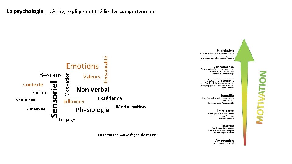 Statistique Décisions Motivation Contexte Facilité Sensoriel Besoins Emotions Valeurs Personnalité La psychologie : Décrire,