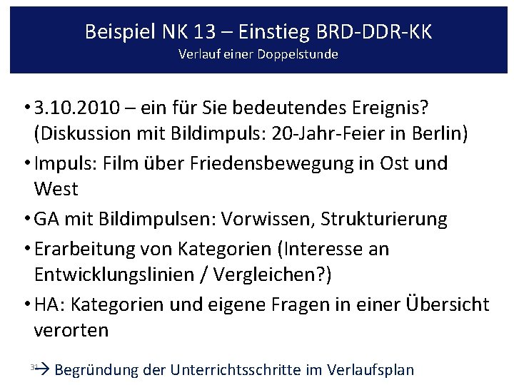 Beispiel NK 13 – Einstieg BRD-DDR-KK Verlauf einer Doppelstunde • 3. 10. 2010 –