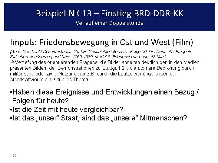 Beispiel NK 13 – Einstieg BRD-DDR-KK Verlauf einer Doppelstunde Impuls: Friedensbewegung in Ost und