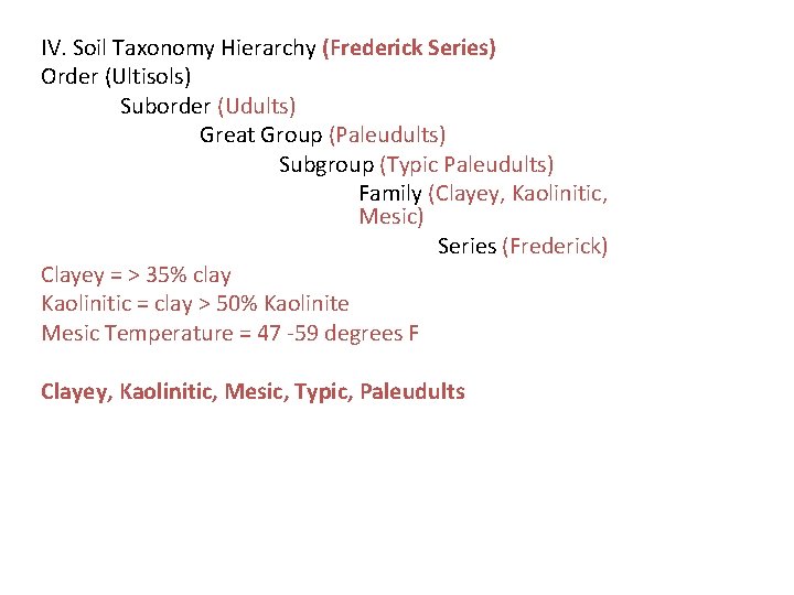 IV. Soil Taxonomy Hierarchy (Frederick Series) Order (Ultisols) Suborder (Udults) Great Group (Paleudults) Subgroup
