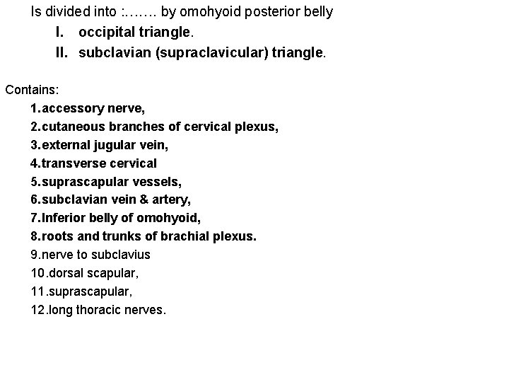 Is divided into : ……. by omohyoid posterior belly I. occipital triangle. II. subclavian