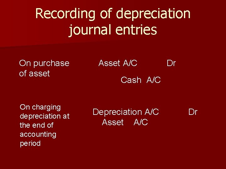 Recording of depreciation journal entries On purchase of asset On charging depreciation at the