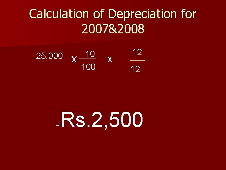 Calculation of Depreciation for 2007&2008 25, 000 = x 10 100 x 12 12