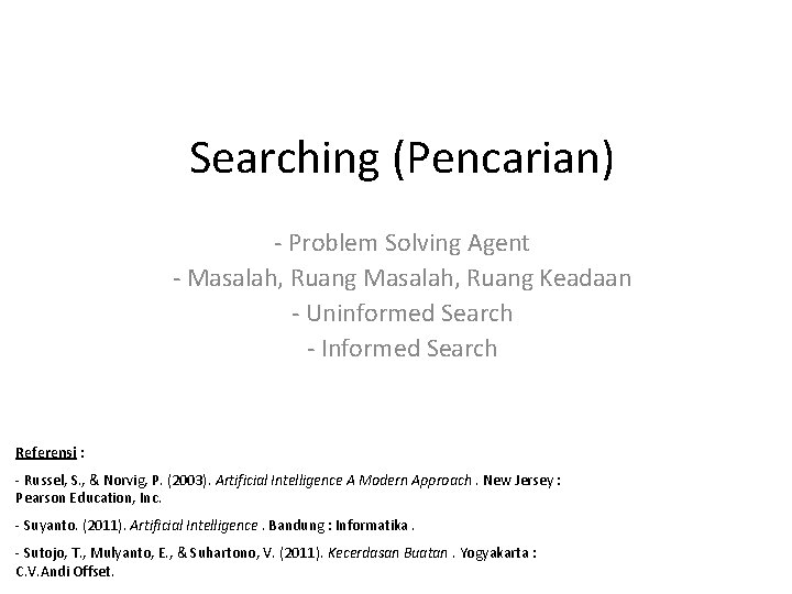 Searching (Pencarian) - Problem Solving Agent - Masalah, Ruang Keadaan - Uninformed Search -