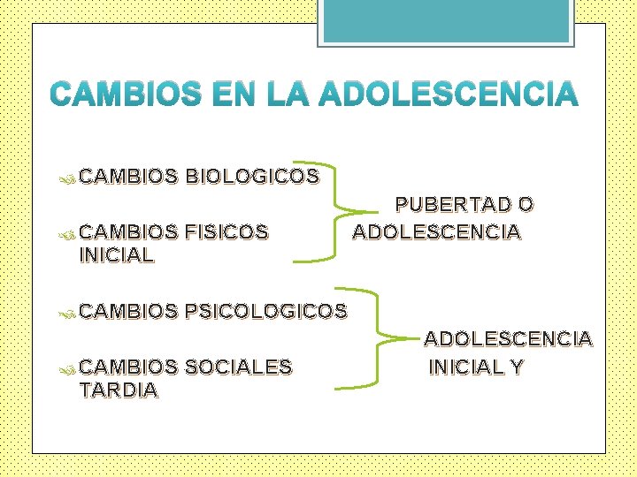 CAMBIOS EN LA ADOLESCENCIA CAMBIOS BIOLOGICOS CAMBIOS FISICOS CAMBIOS PSICOLOGICOS INICIAL CAMBIOS TARDIA SOCIALES